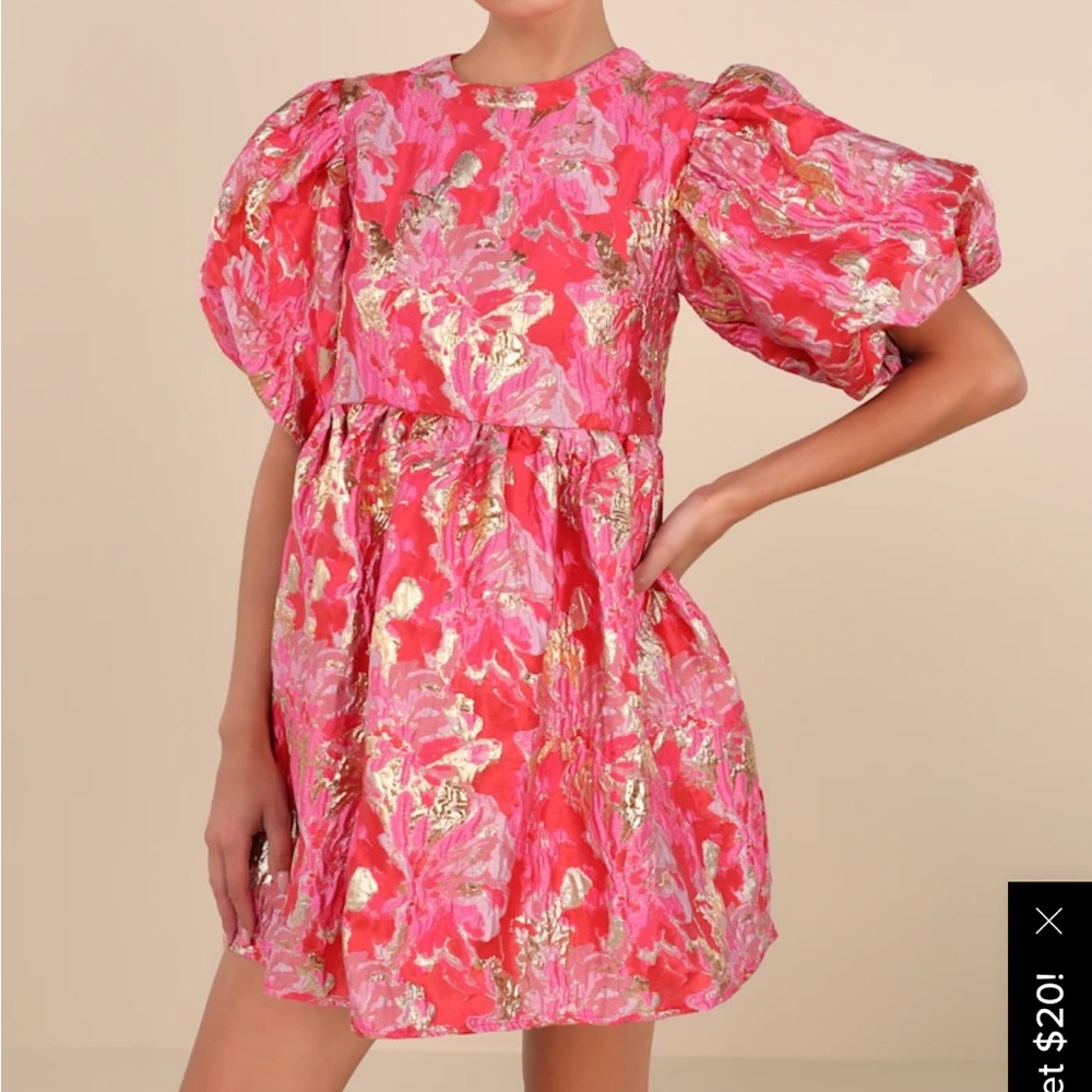 Sister Jane Dress Palmetto Red Floral Jacquard Babydoll Mini Dress With Pockets